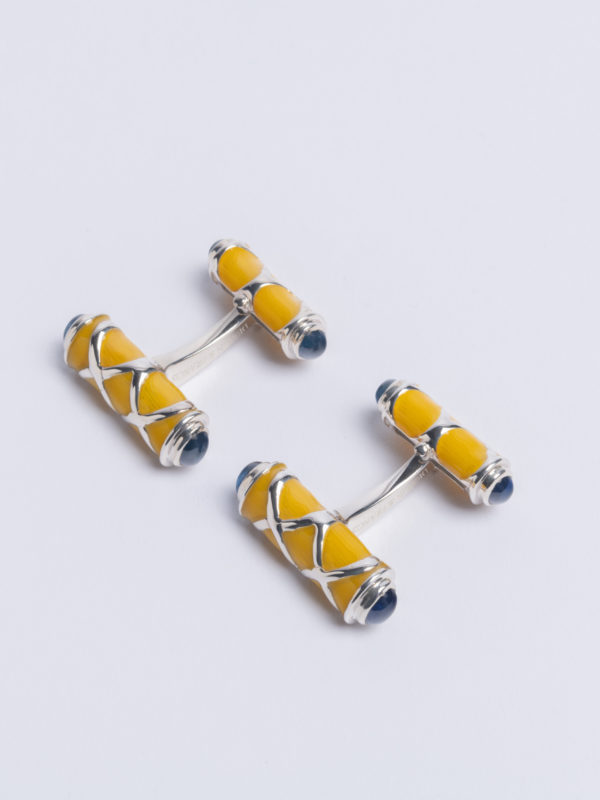 Cuff Yellow Enamel Cylindrical Double T Bar With Silver Cross Weave And Midnight Blue Enamel Ends Jh