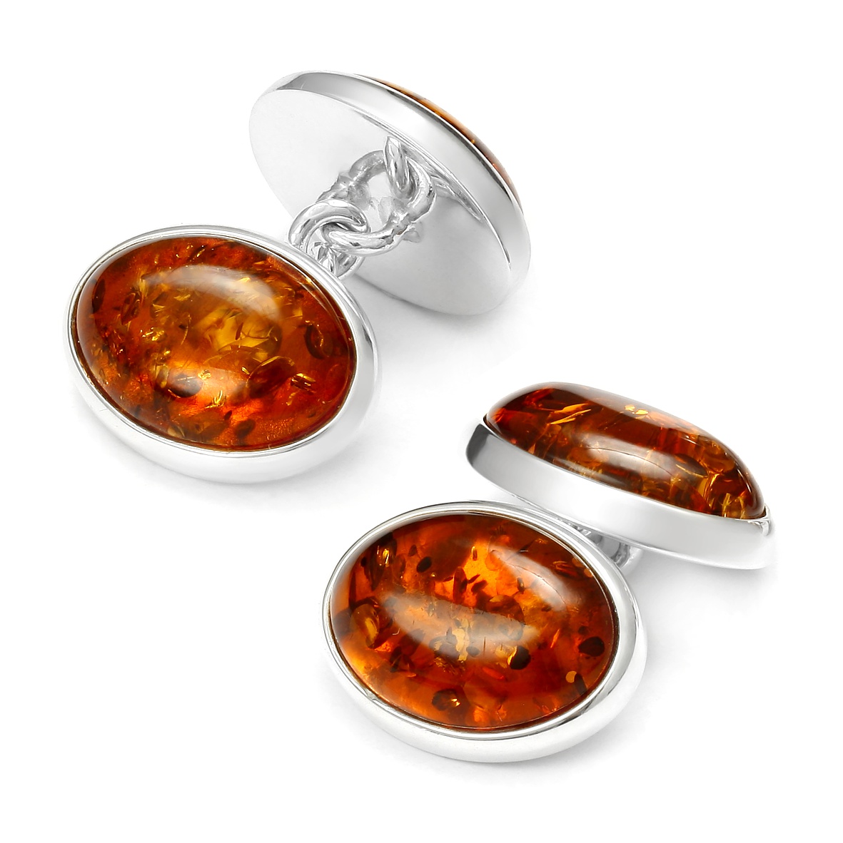 Sterling silver chain cufflinks with cognac Baltic amber