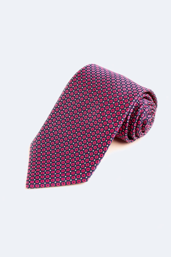 Pink flowers and white dots on navy tie