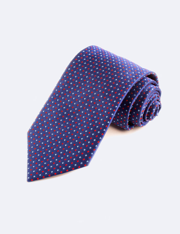 Light blue and red dots on blue tie